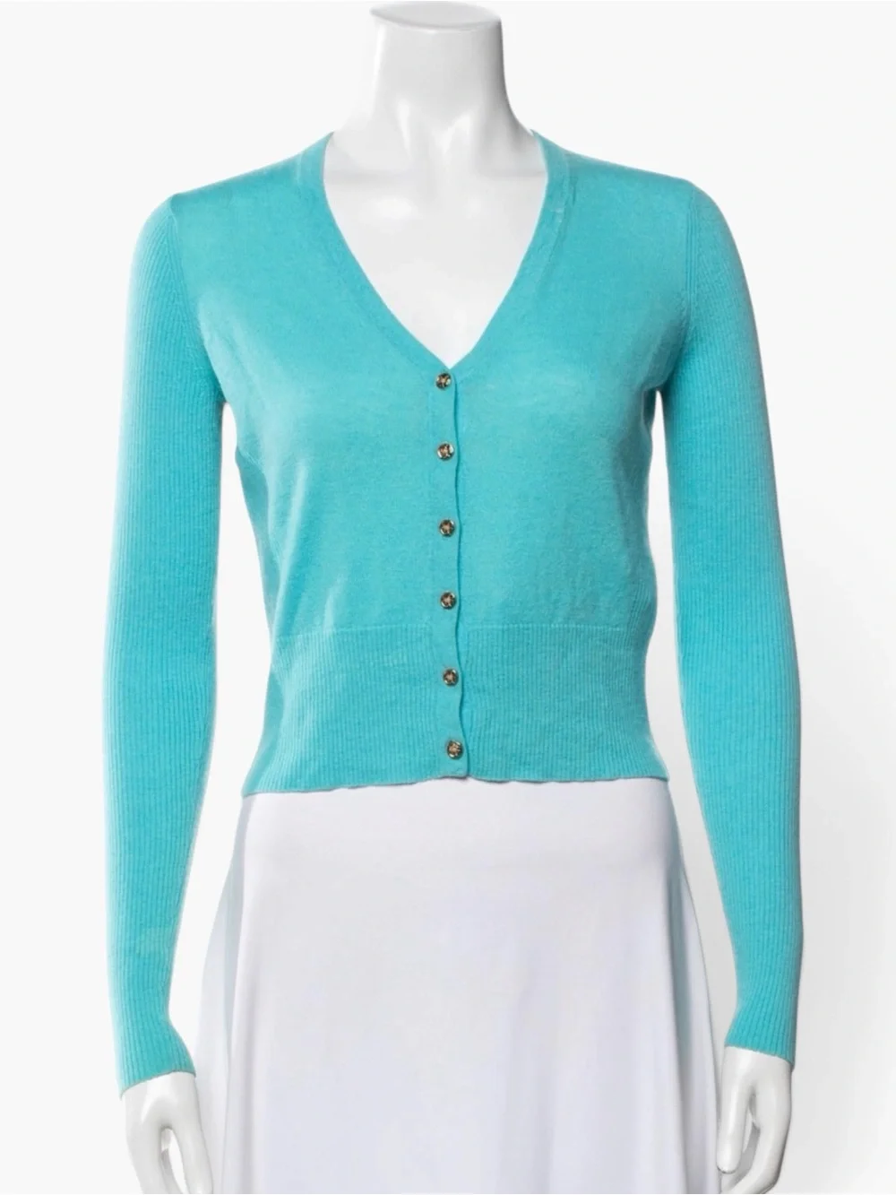Tory Burch Cashmere Cardigan Gold Logo Buttons Tiffany Blue Size Small